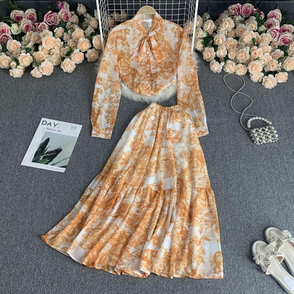 Summer Women's Fashion Chiffon Suit Set Loose Shirt High Waist Long Skirt Print Pleated Drape Pure Desire_ecoleips.com