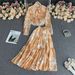 Summer Women's Fashion Chiffon Suit Set Loose Shirt High Waist Long Skirt Print Pleated Drape Pure Desire_ecoleips.com