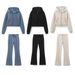 Women's Clothing Style Stitching Decoration Elastic Waist Double Sided Fabric Bell Bottom Pants Zipper Sweatshirt Suit_ecoleips.com