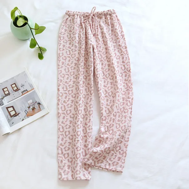 100% Cotton Crepe Leopard Print Pajamas Sweat-absorbent Breathable Home Pants Trousers New Ladies Pants 잠옷_ecoleips.com