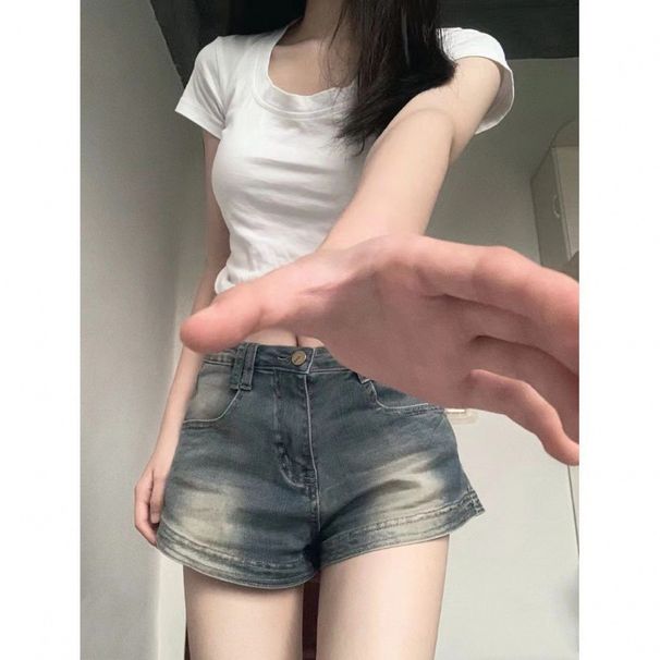 2025s American Style Washed Vintage Denim Shorts For Women Summer High Waist Slimming A-line Versatile Petite Hot Pants_ecoleips.com