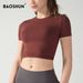 Women's Clothing Short Sleeved Waist Slimming Sports Fitness Clothes Tops Round Neck Breathable Quick Drying Pilates T Shirt_ecoleips.com