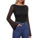 Women's Sexy Black Long Sleeve T-Shirt Mesh Lace Low Cut Style Color Block Top For Autumn Winter_ecoleips.com