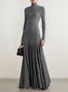 Freeacy 2025 Autumn And Winter New Slim Fit Long Sleeves Maxi Dress For Women Solid Gray High Neck Pleated Casual Party Dresses_ecoleips.com