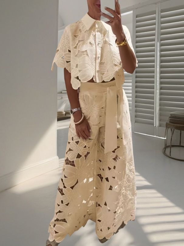 Women's Clothing Solid Color Casual Hollow Cardigan Top Wide Leg Pants Two Piece Set_ecoleips.com