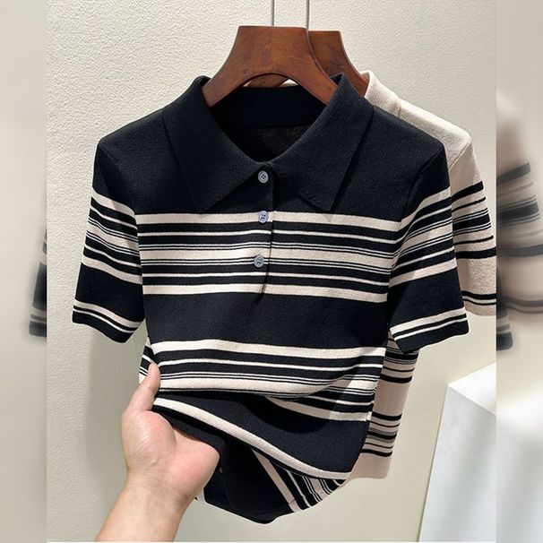 New Polo Half Open Button Collar Short Sleeved Striped Ice Silk Knit Sweater French Style Shoulder Tops For Women_ecoleips.com