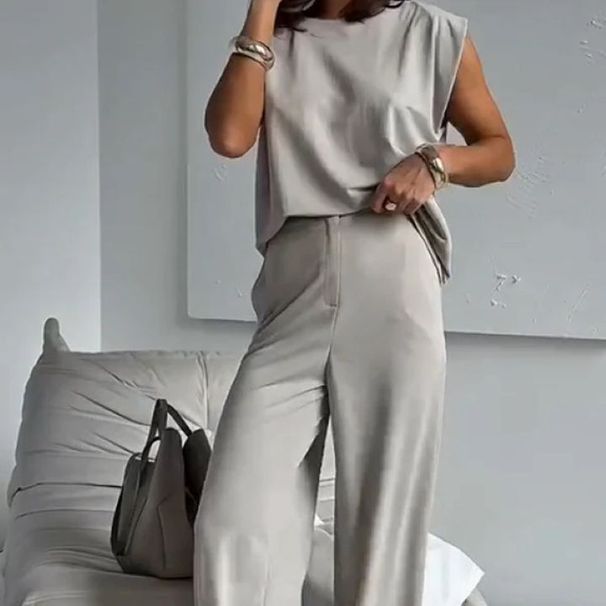 Women's Clothing Autumn And Winter New Sleeveless Solid Color Casual Loose T Shirt And Wide Leg Pants Set Women_ecoleips.com