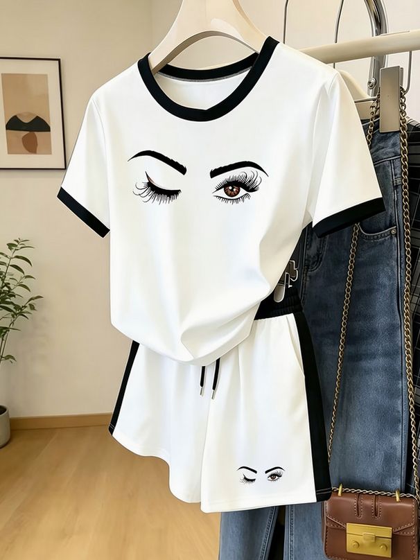 Women's Clothing Summer Two Piece Set Breathable Fun Print Color Block Crew Neck Short Sleeve Winking Design 8010_ecoleips.com