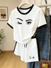 Women's Clothing Summer Two Piece Set Breathable Fun Print Color Block Crew Neck Short Sleeve Winking Design 8010_ecoleips.com