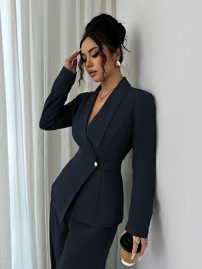 Elegant Women's V-Neck Long Blazer & Wide-Leg Pants Set - Polyester Two-Piece Outfit For Spring/Autumn (S-Xxl, 10 Colors)_ecoleips.com