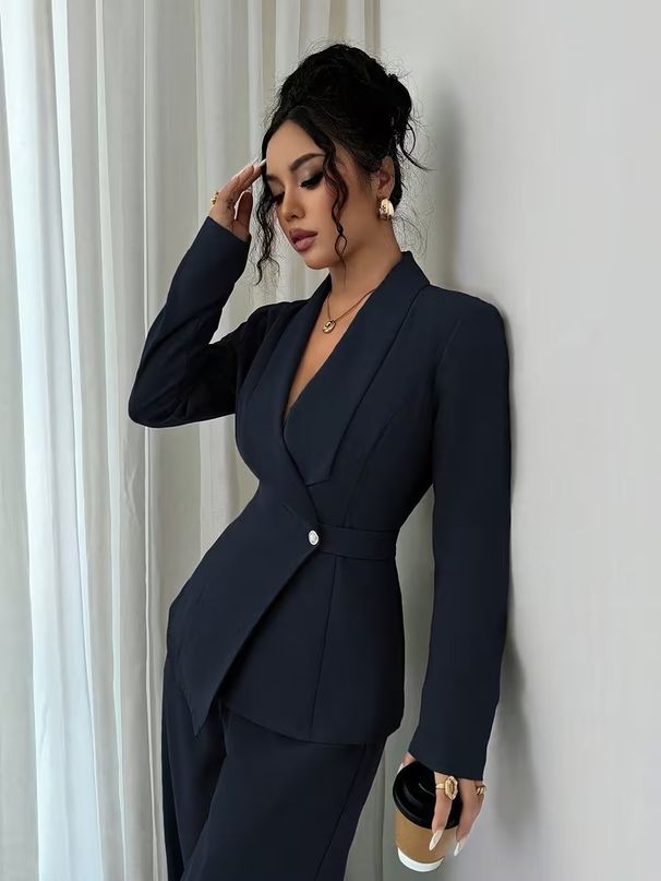 Elegant Women's V-Neck Long Blazer & Wide-Leg Pants Set - Polyester Two-Piece Outfit For Spring/Autumn (S-Xxl, 10 Colors)_ecoleips.com