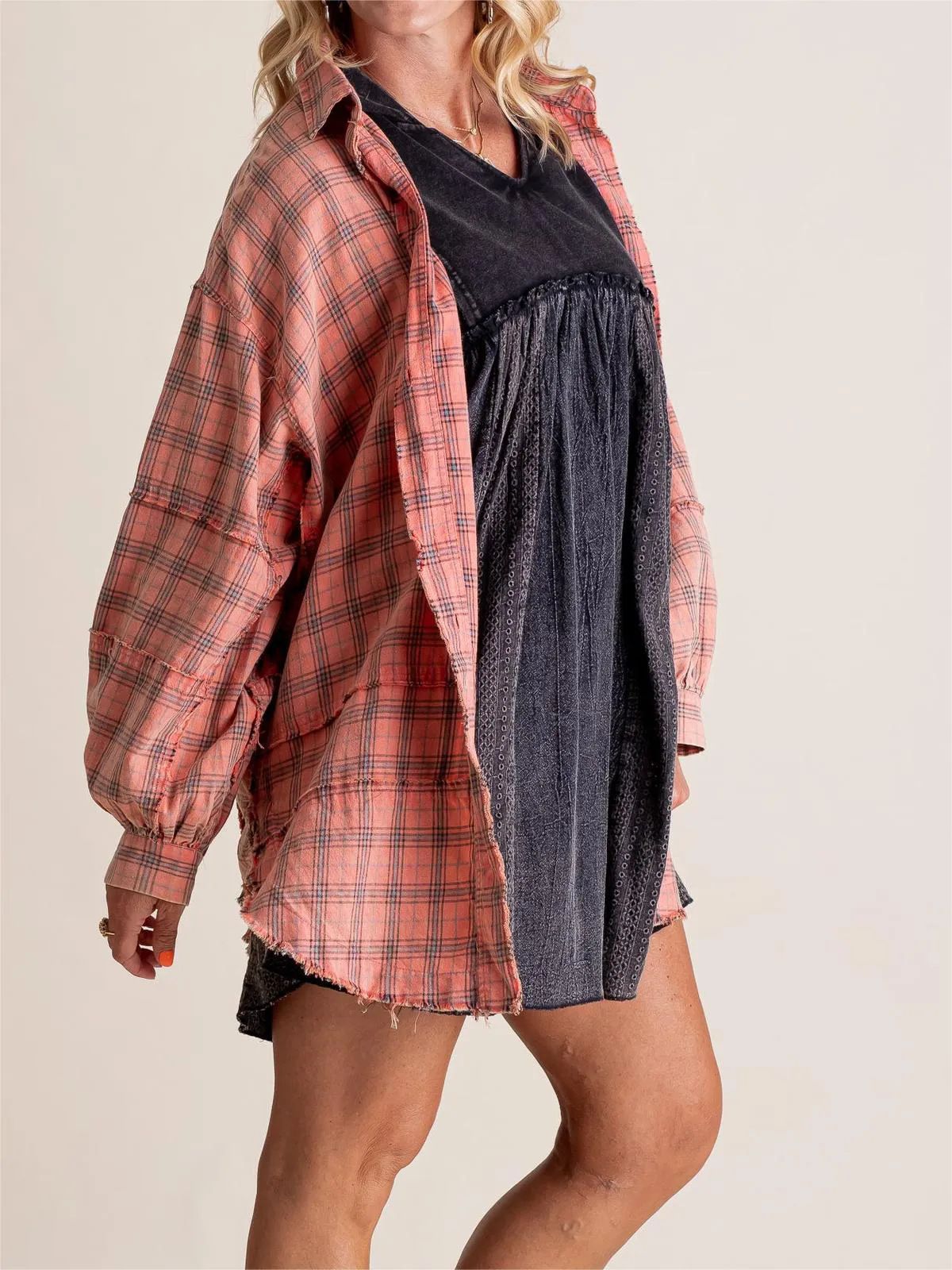 Women's Flannel Shirt With Fringe Detail, Oversized Plaid Long Sleeve Top, Fall Fashion Loose Fit Casual Blouse_ecoleips.com