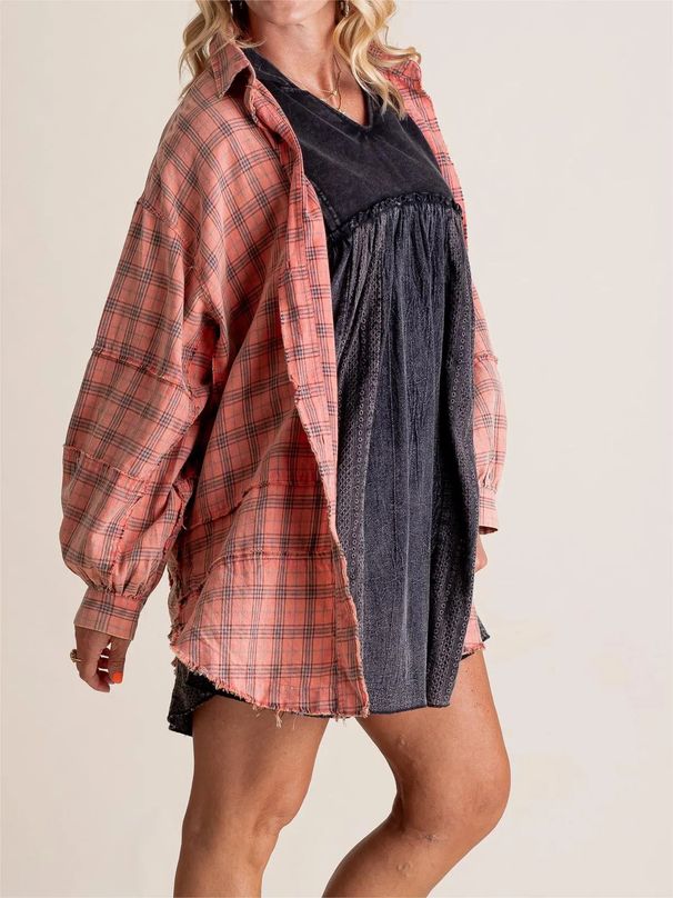 Women's Flannel Shirt With Fringe Detail, Oversized Plaid Long Sleeve Top, Fall Fashion Loose Fit Casual Blouse_ecoleips.com