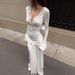 Elegant Lace-Trimmed Bodycon Dress For Women - Flattering V-Neck Long Sleeve A-Line Maxi Dress For Office, Party & Evening Wear_ecoleips.com