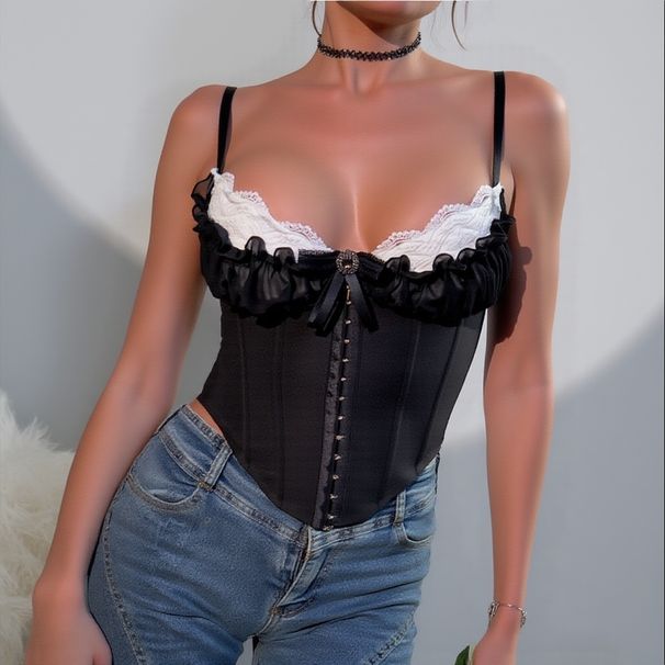 Euopean And Ameican Coss-bode Sexy Stapless Mesh Lace Ba Cotton Hot Gil Fishbone Camisole Fo Inne O Oute_ecoleips.com