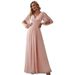 European and American women's clothing solid color V-neck dress elegant long dress with waist hem_ecoleips.com