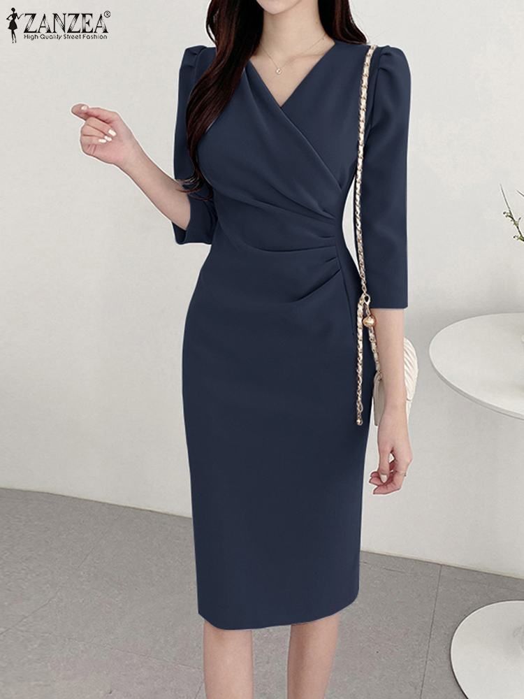 ZANZEA Women’s Elegant Bodycon Party Dress, Sexy V-Neck Knee Length Dress 3/4 Sleeve Ruched Waist, Summer Office Woman Clothes_ecoleips.com