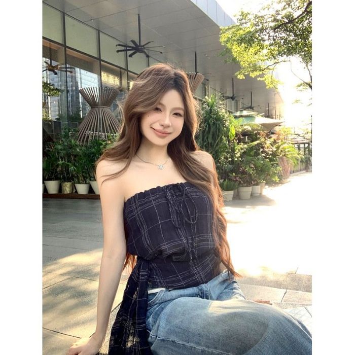 Chenling Original Quality Hot Girl Retro Plaid Sleeveless Tube Women's Summer New Slim Fit Off-Shoulder Top_ecoleips.com
