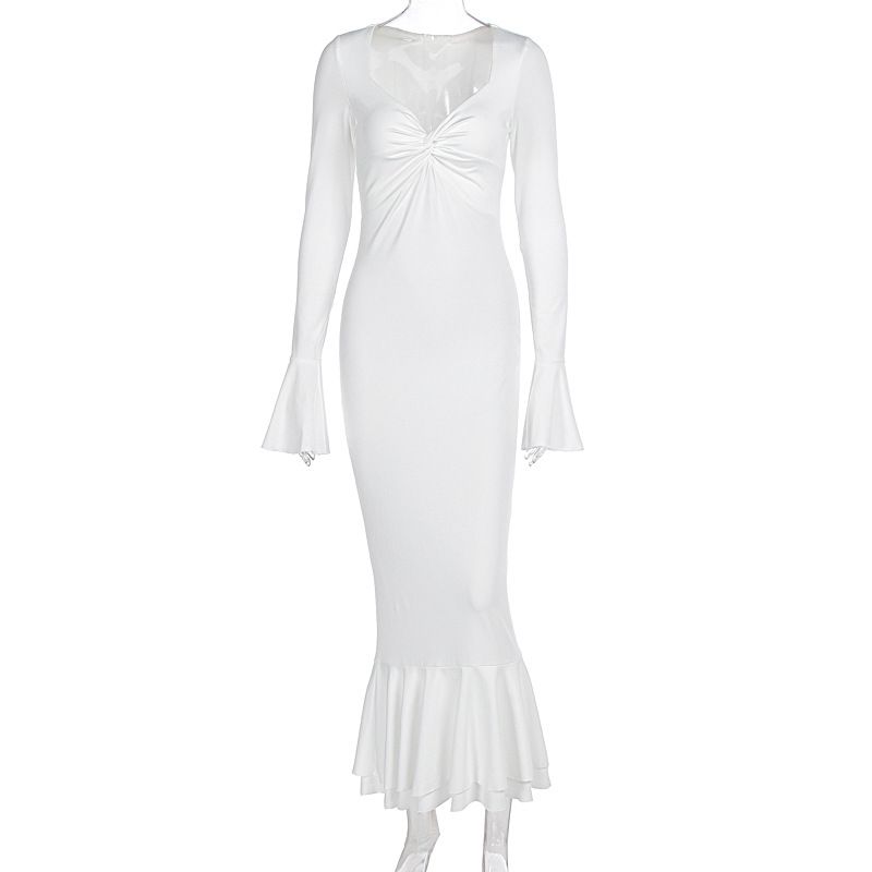 New Arrival GDFGDF Solid Color Low Cut Long Sleeve Slim Bodycon Ruffle Hem Dress Wholesale For Women_ecoleips.com