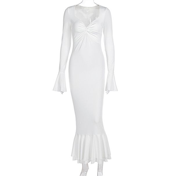 New Arrival GDFGDF Solid Color Low Cut Long Sleeve Slim Bodycon Ruffle Hem Dress Wholesale For Women_ecoleips.com