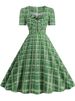 Pink Plaid Swing Party Dresses Women Elegant Vintage Square Collar Short Sleeve Casual Summer Dress_ecoleips.com