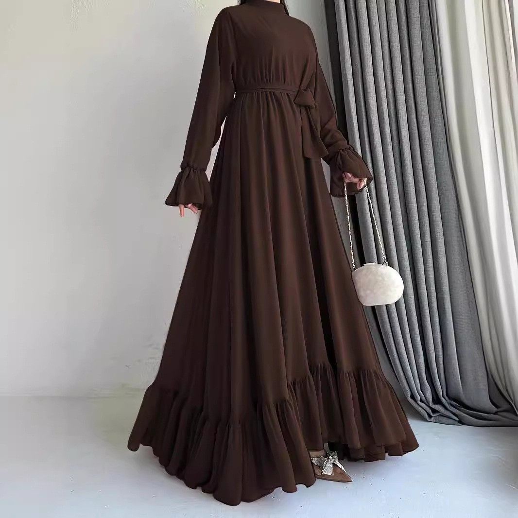 Women’s Clothing Muslim New Chiffon Solid Color Long Belt Fashion Elegant Dress_ecoleips.com