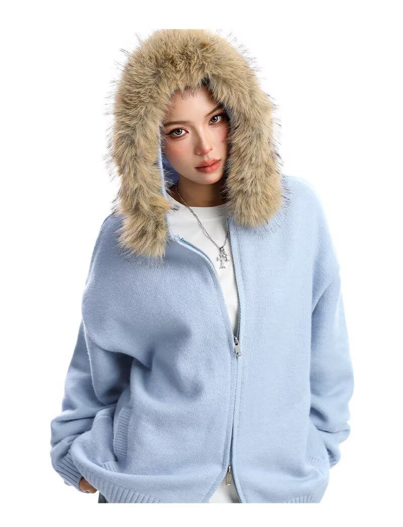 Women's Clothing Large Fur Collar Hooded Knit Cardigan Sweater For Women, Autumn Lazy Style, Zipper Coat For Couples_ecoleips.com