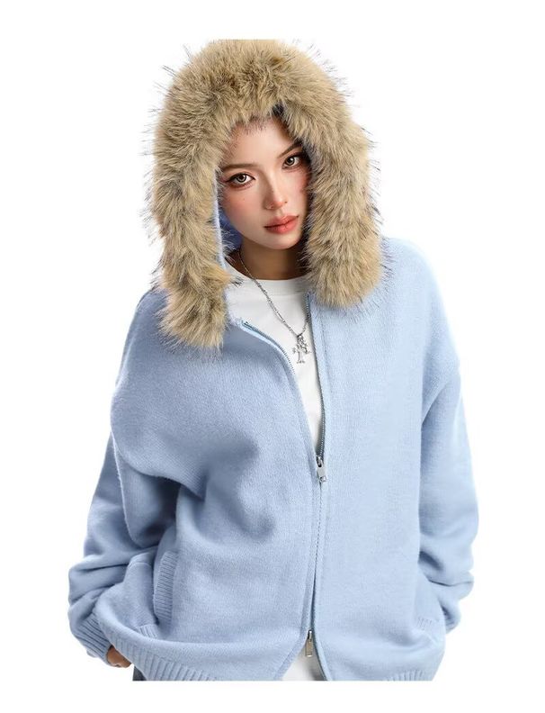 Women's Clothing Large Fur Collar Hooded Knit Cardigan Sweater For Women, Autumn Lazy Style, Zipper Coat For Couples_ecoleips.com
