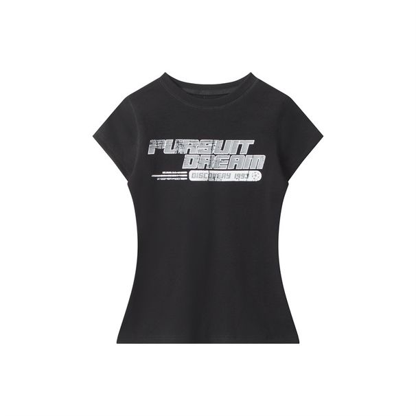 HeyHenry Women's Slim Fit T-Shirt round Neck Short Sleeve Versatile Casual Top Sexy Girl Niche Letter Print_ecoleips.com