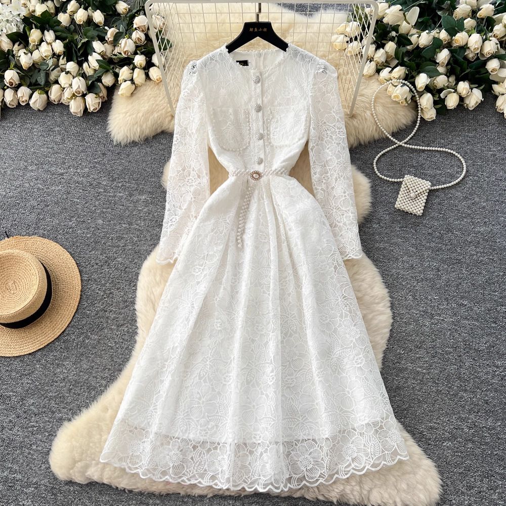 Women's Elegant French Style Lace Dress With Rhinestone Studs Long Sleeves Ruffled Waist Cinching Slimming Sophisticated For Autumn_ecoleips.com