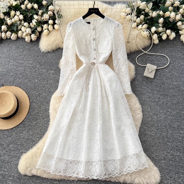 Women's Elegant French Style Lace Dress With Rhinestone Studs Long Sleeves Ruffled Waist Cinching Slimming Sophisticated For Autumn_ecoleips.com