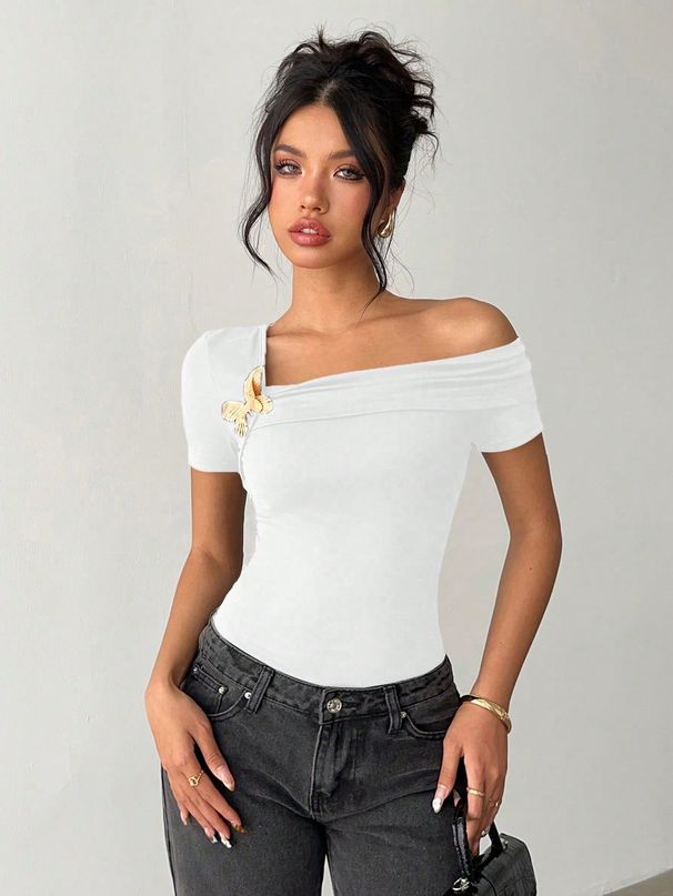 Women's Clothing Elegant Off-Shoulder T-Shirt Casual Fit Inner Top For Ladies Fashion_ecoleips.com