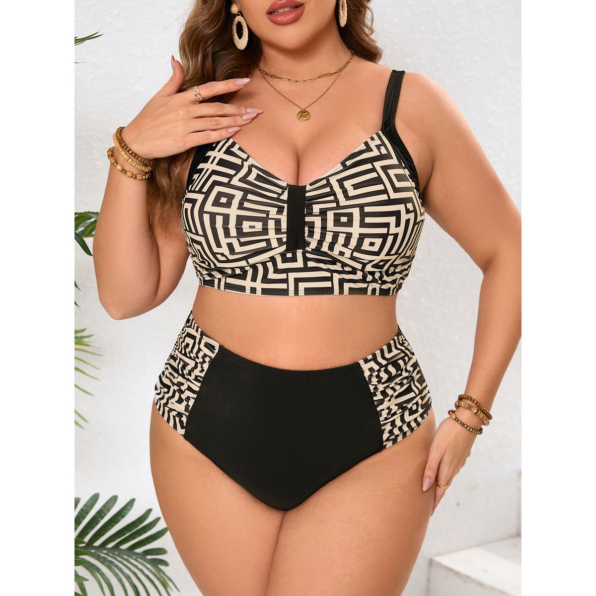 New 2025 European And American plus Size Bikini High Waisted Stylish Sexy Plaid Print Two Piece Swimsuit for Women_ecoleips.com