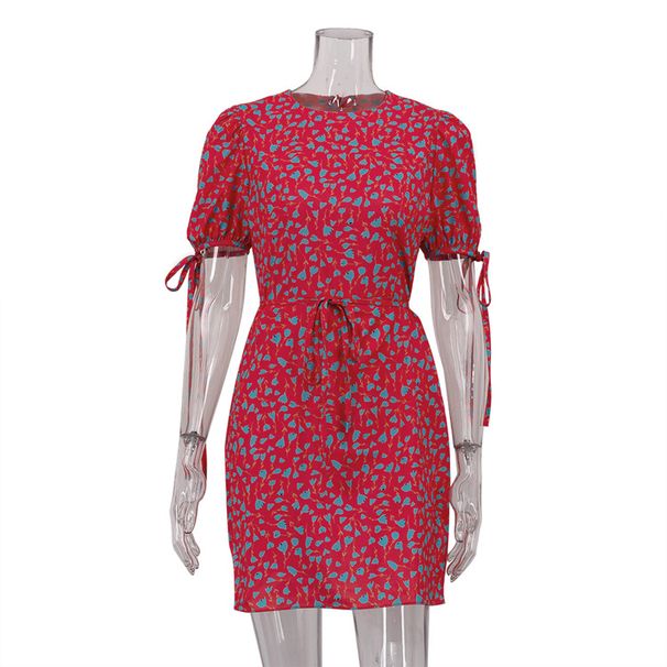 Cro-border Women's Fashion 2026 New Floral Summer Round Neck Short Sleeve Tie Slim-fit European And American Style_ecoleips.com