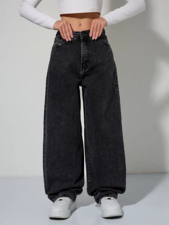 Women's Relaxed Wide-Leg Jeans | Mid-Rise Zip-Fly | Soft Washed Gray Denim | Office & Casual Wear_ecoleips.com