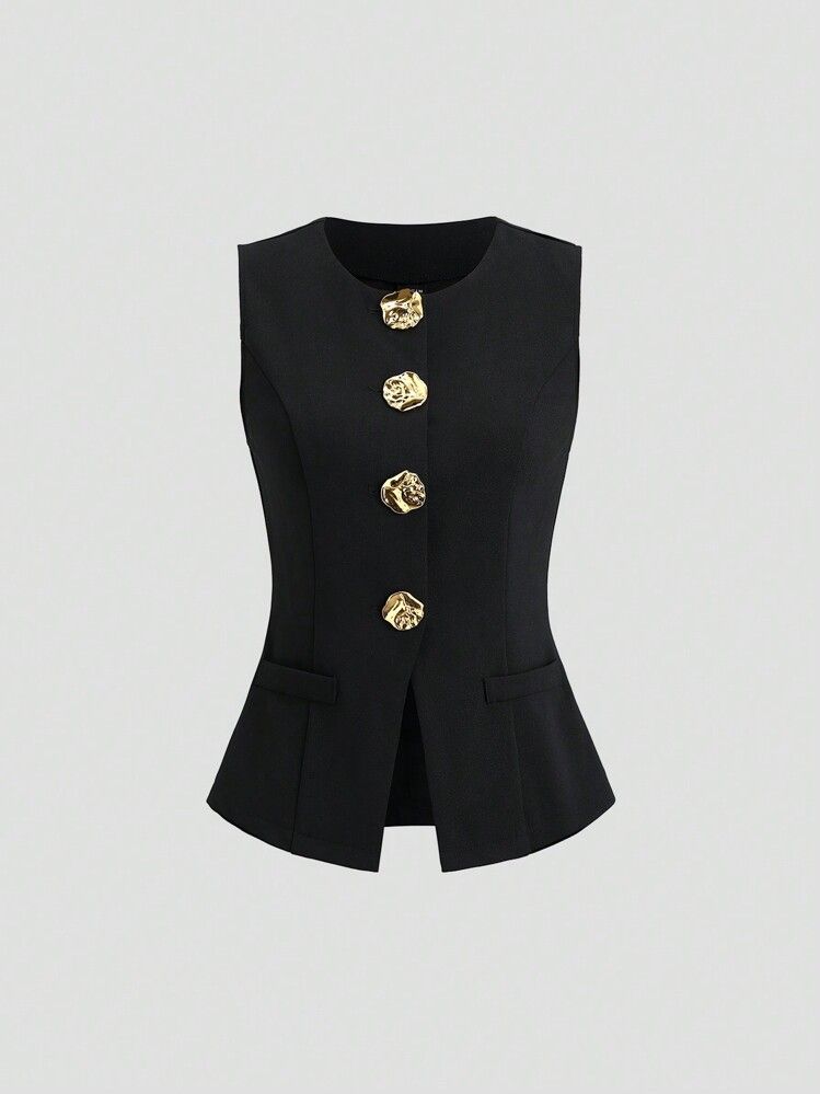 2025 New Style Sleeveless Round Neck Vest Fashion Elegant Waist-Cinching Solid Color Cross-Border Women's Clothing_ecoleips.com