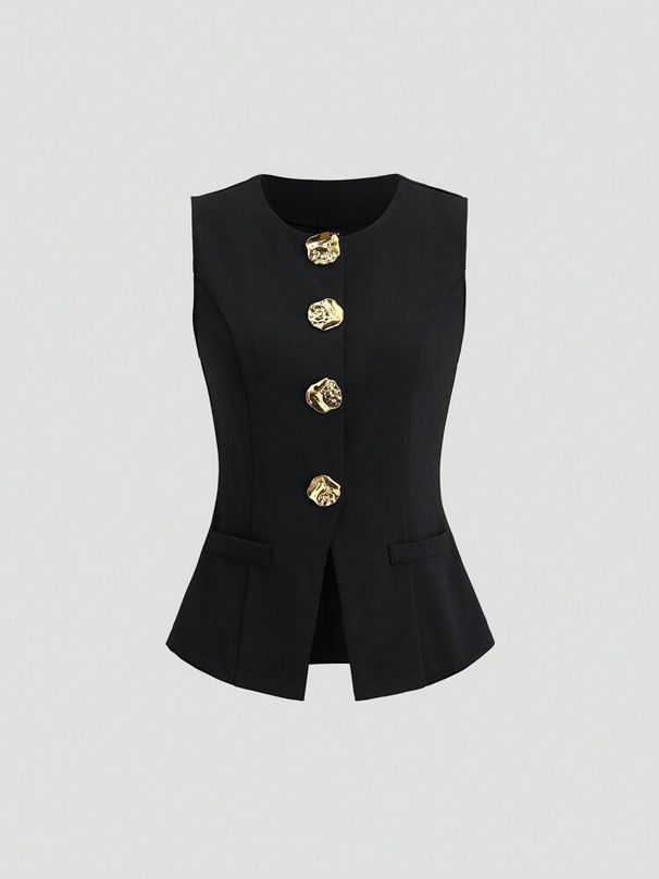 2025 New Style Sleeveless Round Neck Vest Fashion Elegant Waist-Cinching Solid Color Cross-Border Women's Clothing_ecoleips.com