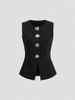 Women's Tailored Waistcoat Vest - Elegant Round Neck Gold Button Slim Fit Sleeveless Blazer For Office Work Casual Daily Wear_ecoleips.com
