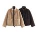 Women's High Neck Long Sleeve Fur Coat Casual Office Lady Street Style Versatile Coat With Pockets_ecoleips.com