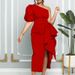 Women's Fashion 2025 Summer New OL Elegant Waist-Cinching Puff Sleeve Asymmetric Shoulder Party Split Dress_ecoleips.com
