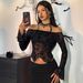 European American Cross-border 2026 Autumn And Winter New Elegant Women's Black Floral Mesh Off-shoulder Bell-sleeve_ecoleips.com