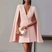 Double-Breasted Cape Dress – Polyester-Spandex Blend, V-Neck Office Wear, Versatile Fall Layering For Women_ecoleips.com