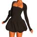 European And American Style Sexy Elegant Square Neck Puff Sleeve For Women Slim Fit Pleated Solid Color Short_ecoleips.com