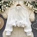 Romantic Floral Blouse – Ruffled V-Neck With Detachable Bow (One Size, Soft Satin, 6 Colors) Breathable Comfort_ecoleips.com