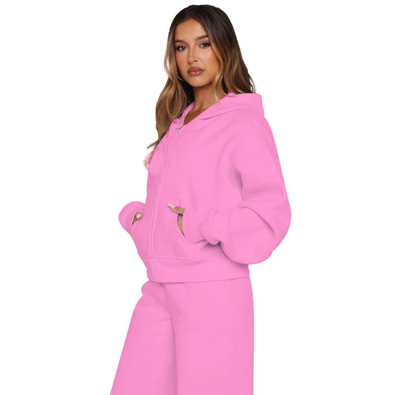 Women's Casual Loose Solid Color Hooded Cardigan And Pants Two Piece Set Spring/Autumn Full Length Fashion Outfit_ecoleips.com