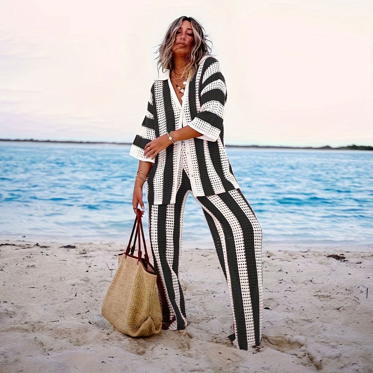 2025 Summer Women's Fashion V-neck Hollow Striped Shirt Loose Knitted Wide-leg Pants Set_ecoleips.com