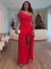 K Women's New Solid Color Sleeveless Sloping Collar Pleated Slim Fit Slit Long Dress. No Necklaces Or Other Accessories_ecoleips.com