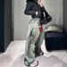 Printed Wide-Leg Jeans For Women - Vintage Washed Denim Pants With Streetwear Graphics (Blue)_ecoleips.com