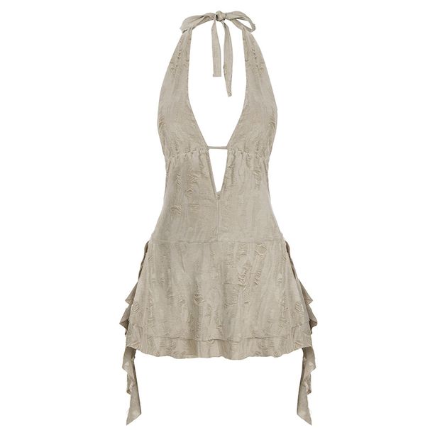 Fashionable Foreign Trade INS Wasteland Style Halter Neck Backless Dress, Sexy Deep V-neck Hollow Irregular Hot Girl_ecoleips.com