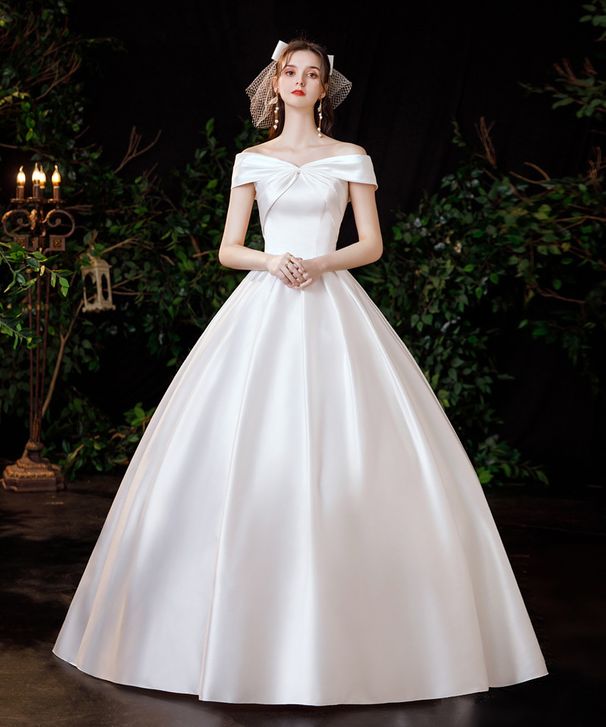 Off-Shoulder Satin Main Wedding Dress 2025 New Bride Elegant Slimming Mid-Waist Simple Court Mori Style Super Fairy_ecoleips.com